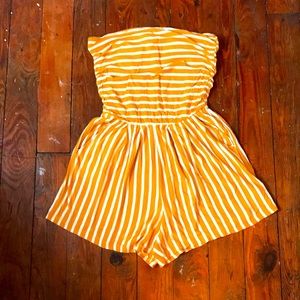 Mustard & white stripped tube top romper w pockets
